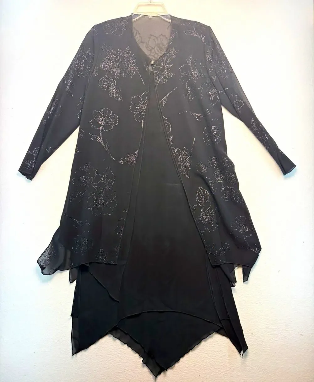 Women’s 10 2pc formal set shiny chiffon tunic/jacket black fairy goth meets glam